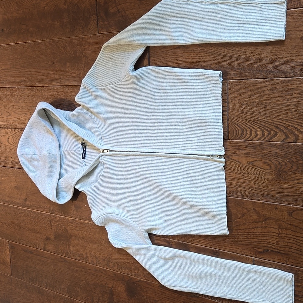 Brandy Melville Cropped Ribbed Zip up Hoodie Sweatshirt Light Grey Womens OS